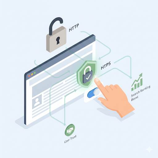 guide flat illustration on HTTPS on Blogger, showing how enabling it with a simple switch adds a security lock, building user trust and improving SEO