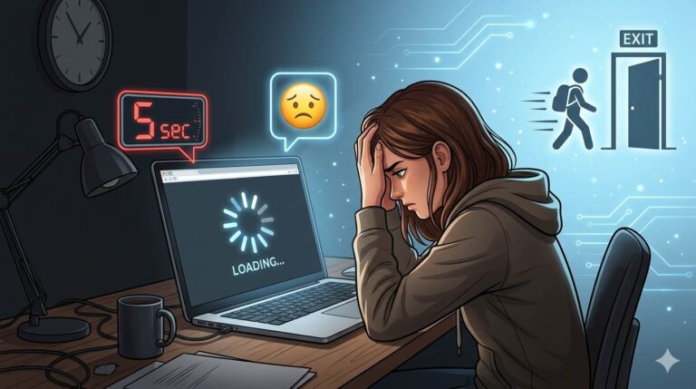 Sad person watching a loading spinner on laptop with "5 seconds" and a visitor walking away – slow blog losing traffic