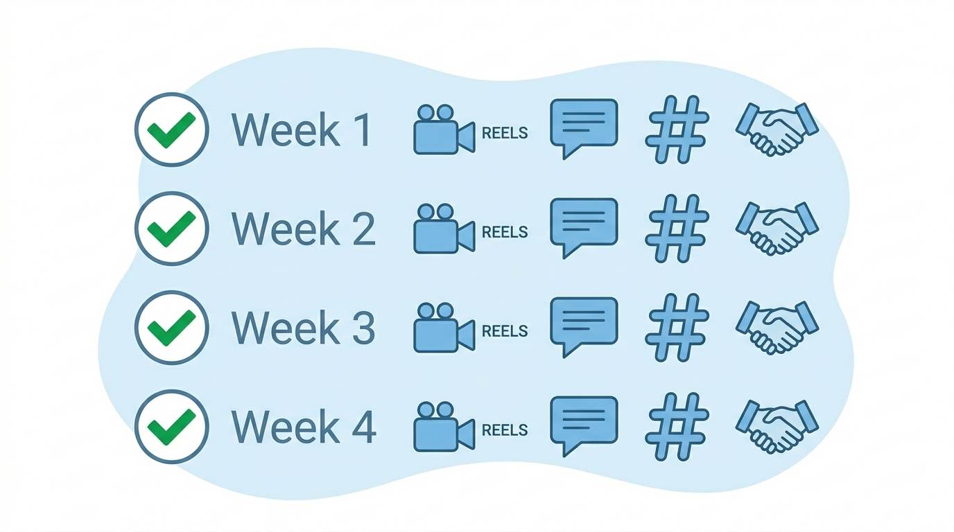 Flat checklist with 4 weeks and icons for Reels, engagement, hashtags, collaboration – 30-day Instagram growth checklist