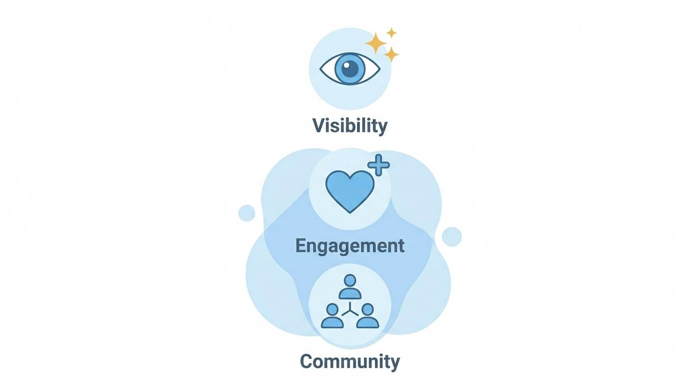 Three flat icons: eye for visibility, heart for engagement, people for community – what real Instagram growth means