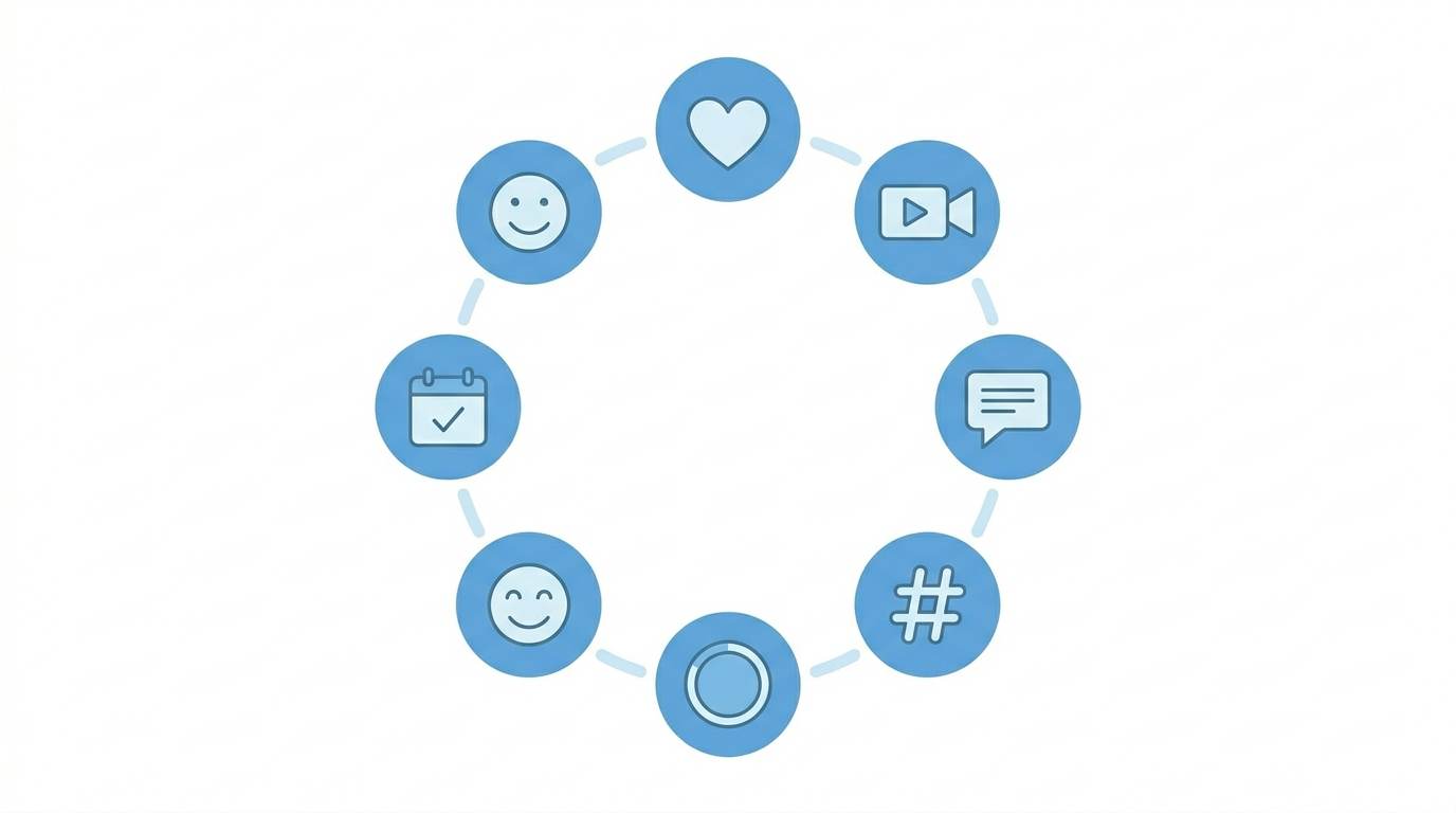 Seven flat icons: heart, Reel video, comment, hashtag, story, calendar, face – Instagram growth tips that work in 2026