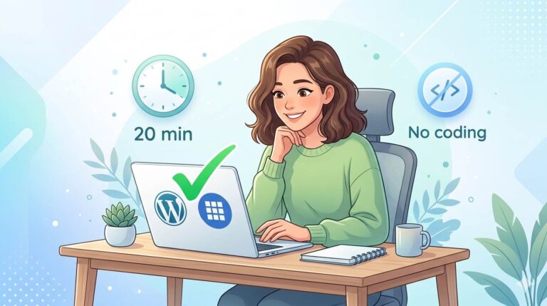 Person with relieved expression sitting at laptop, WordPress and Bluehost logos, clock showing 20 min, badge "No coding"