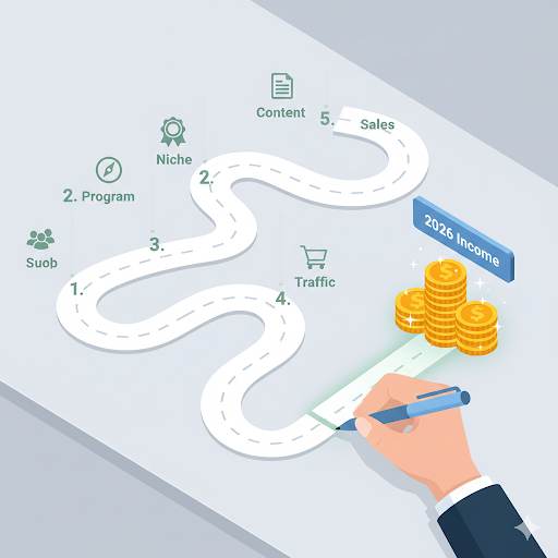 guide for beginners on how to make money with affiliate marketing in 2026, shown as a clear roadmap from start to income