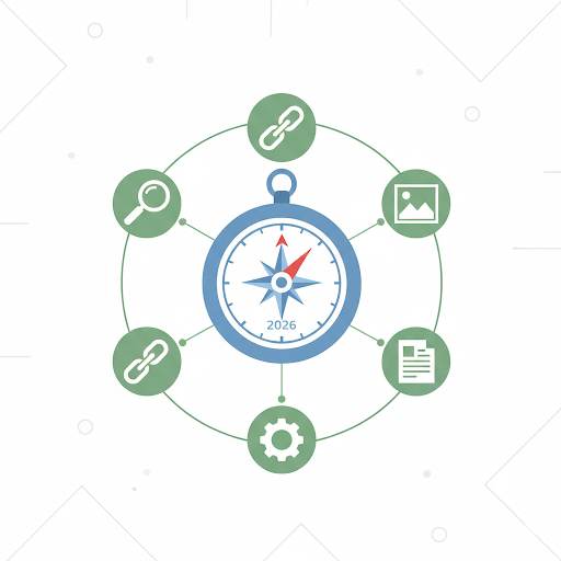 mastering search engine optimization, showing key elements like keywords, backlinks, and content united around a central compass