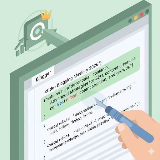 showing tactical meta tags for Blogger, with precise enhancements in the code editor driving powerful SEO results that work in 2026
