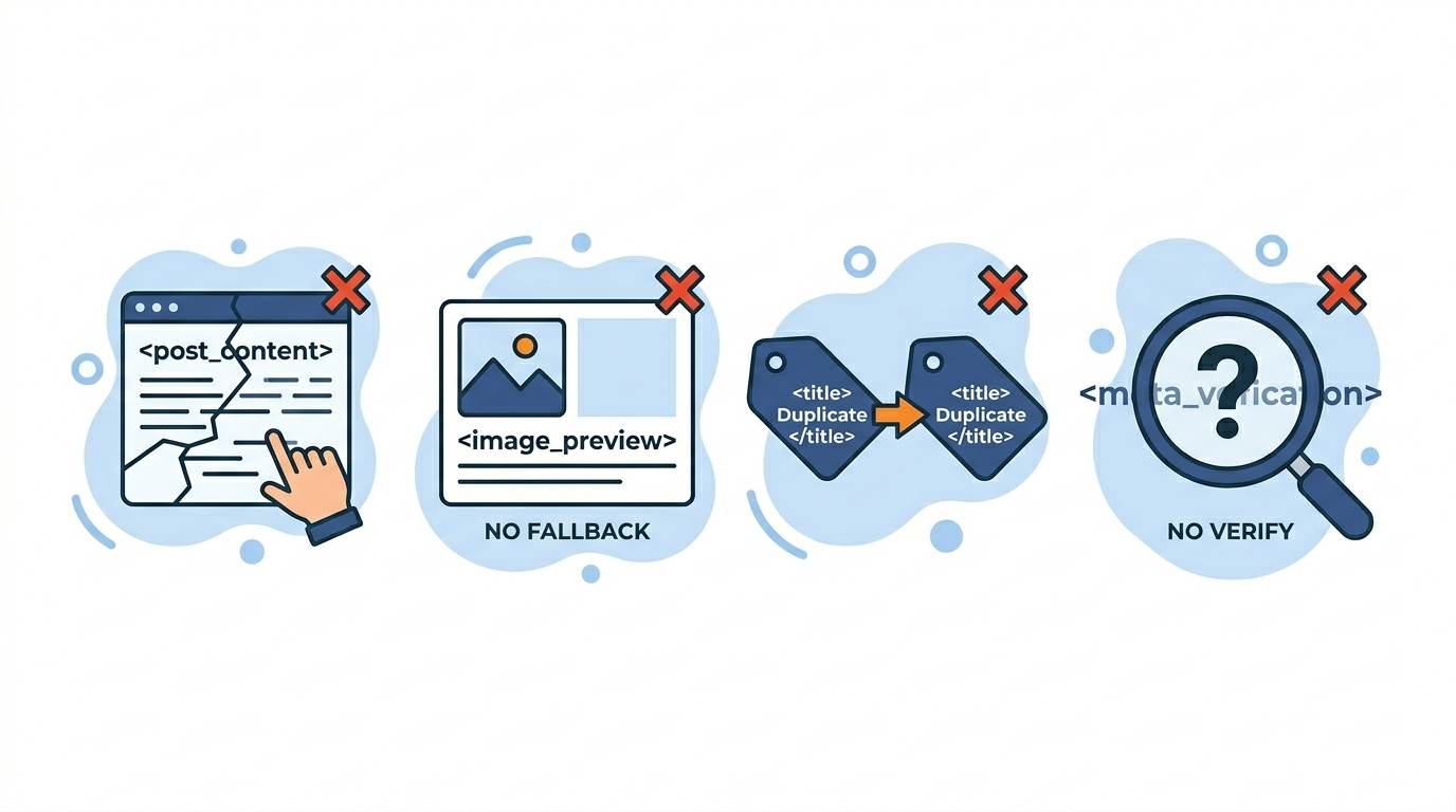 Four flat icons with red X: editing wrong place, missing fallback, duplicate titles, no verify – common meta tag mistakes