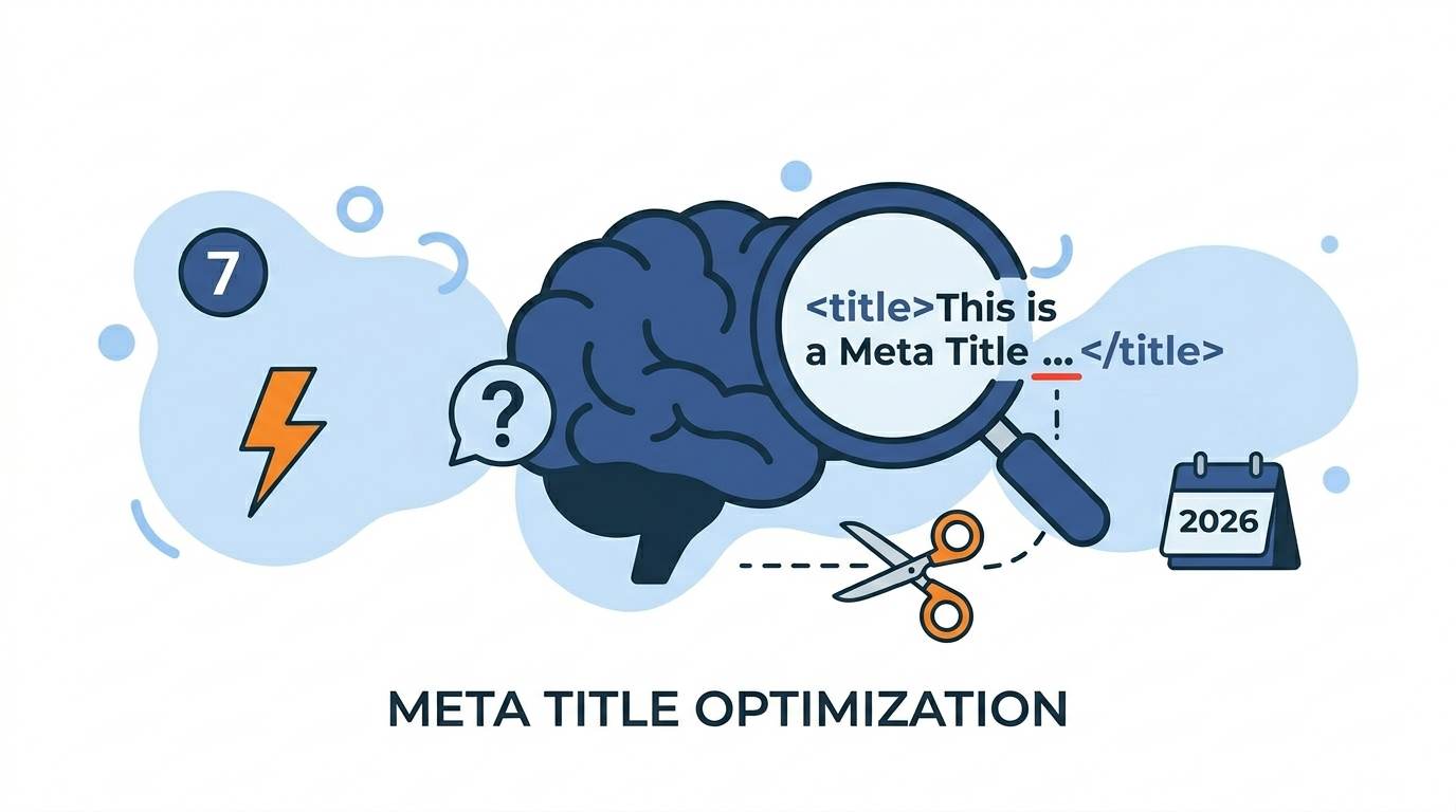 Flat brain with magnifying glass analyzing meta title – psychology hacks for higher CTR from meta tags