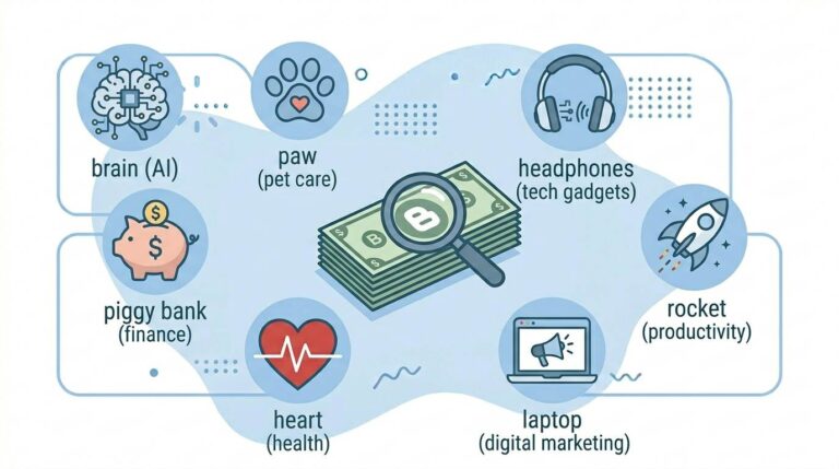 Flat design: stack of dollar bills with magnifying glass and 7 niche icons – most profitable blog niche in 2026