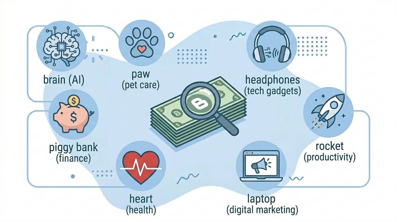 Flat design: stack of dollar bills with magnifying glass and 7 niche icons – most profitable blog niche in 2026