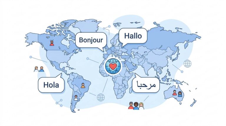 Flat design: world map with speech bubbles in Spanish, French, German, Arabic – multilingual blogging for beginners
