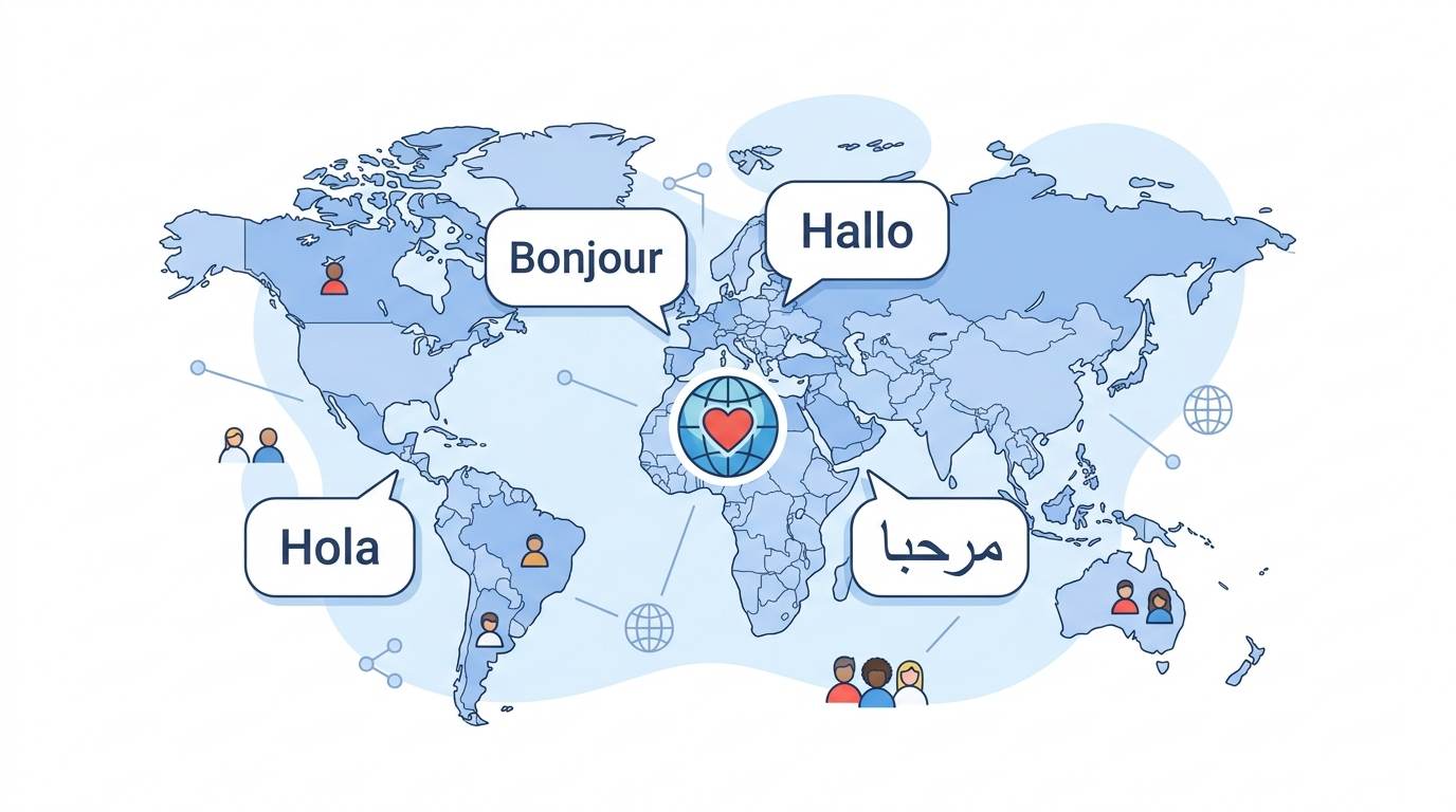 Flat design: world map with speech bubbles in Spanish, French, German, Arabic – multilingual blogging for beginners