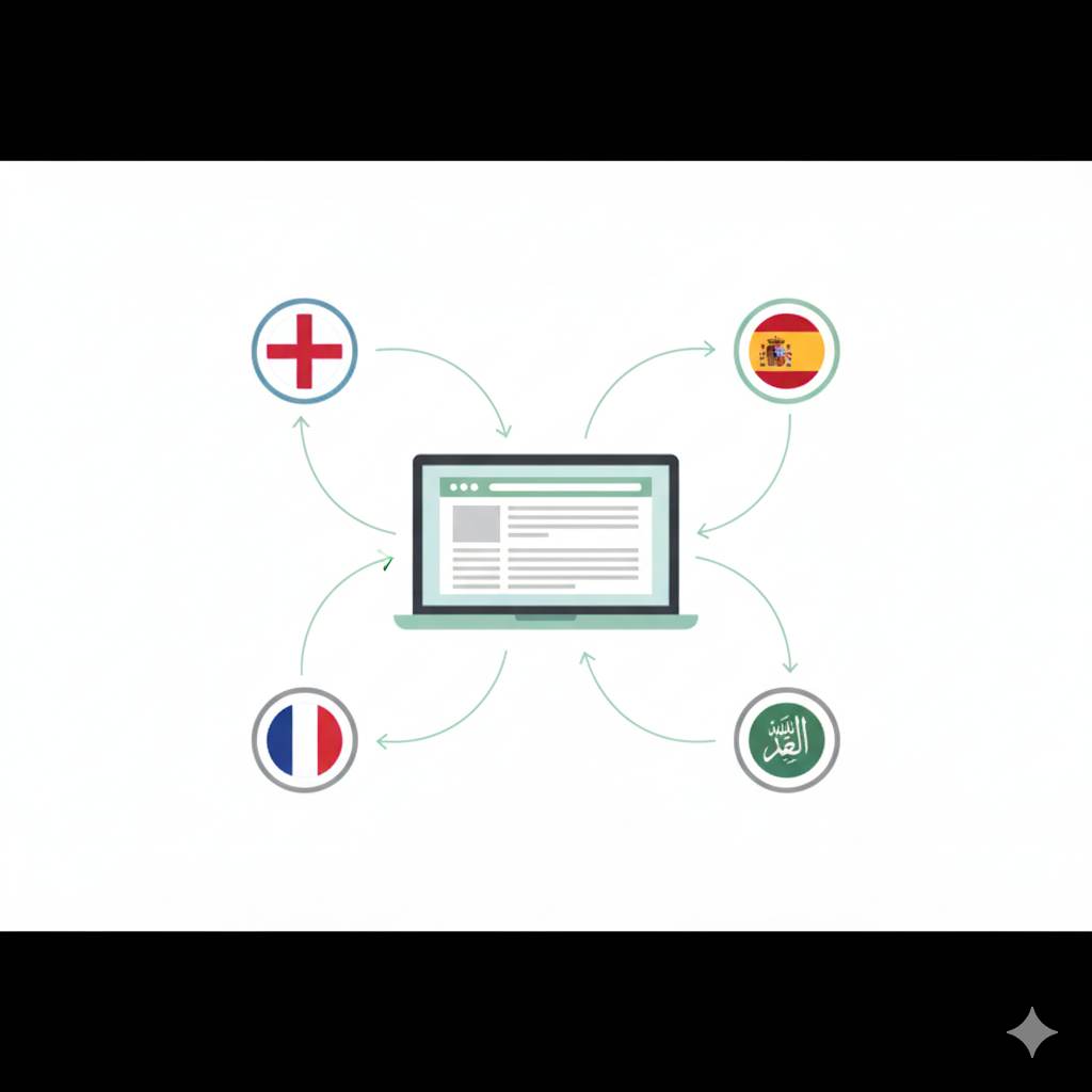 Multilingual blogging concept showing one blog reaching readers in multiple languages
