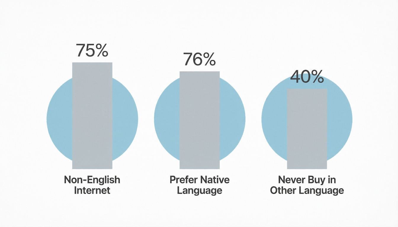 Flat bar chart icons showing 75% non-English internet, 76% prefer native language, 40% never buy in other language