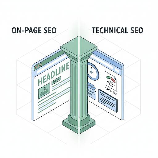 explaining the difference between On-Page SEO (visible content) and Technical SEO (behind-the-scenes foundation).