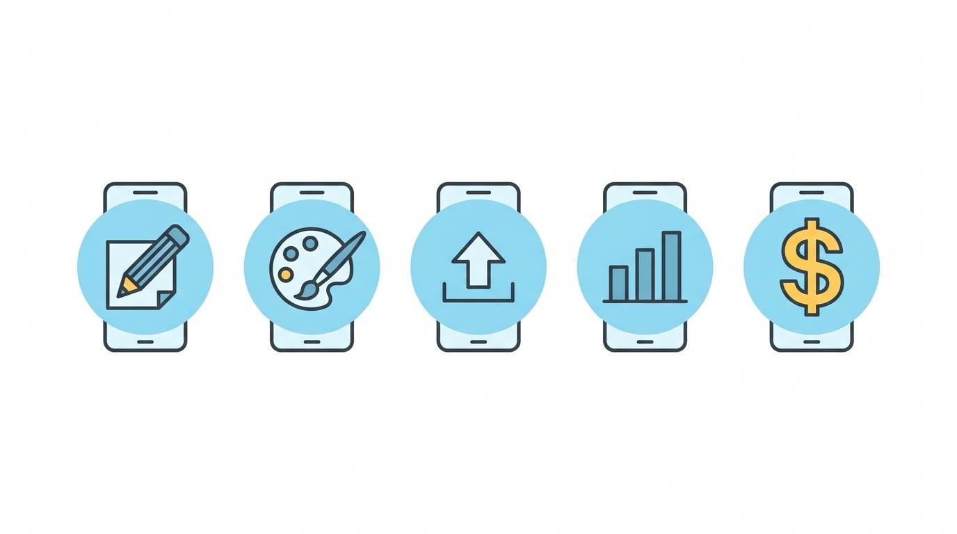 Five flat icons showing writing, image design, publishing, analytics, monetization – all from a smartphone