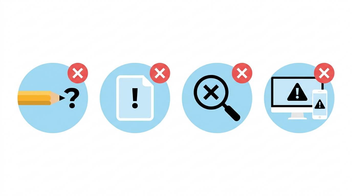 Four flat icons with red X: no proofreading, huge images, no SEO, no preview – common phone blogging mistakes