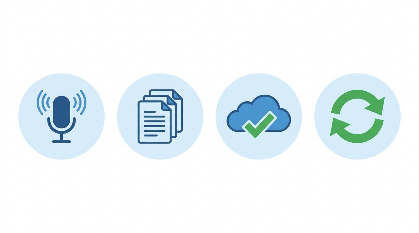 Four flat icons: microphone for voice typing, stacked documents for batch content, cloud for backup, recycling arrows for repurposing – phone blogging tips