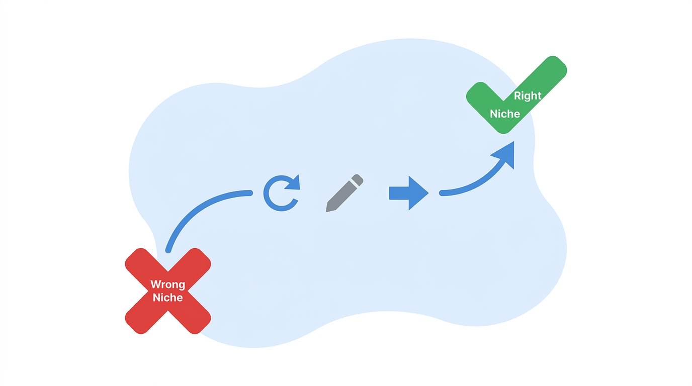 Flat curved arrow from red X "Wrong Niche" to green check "Right Niche" with pivot icons – you can always change your blog niche