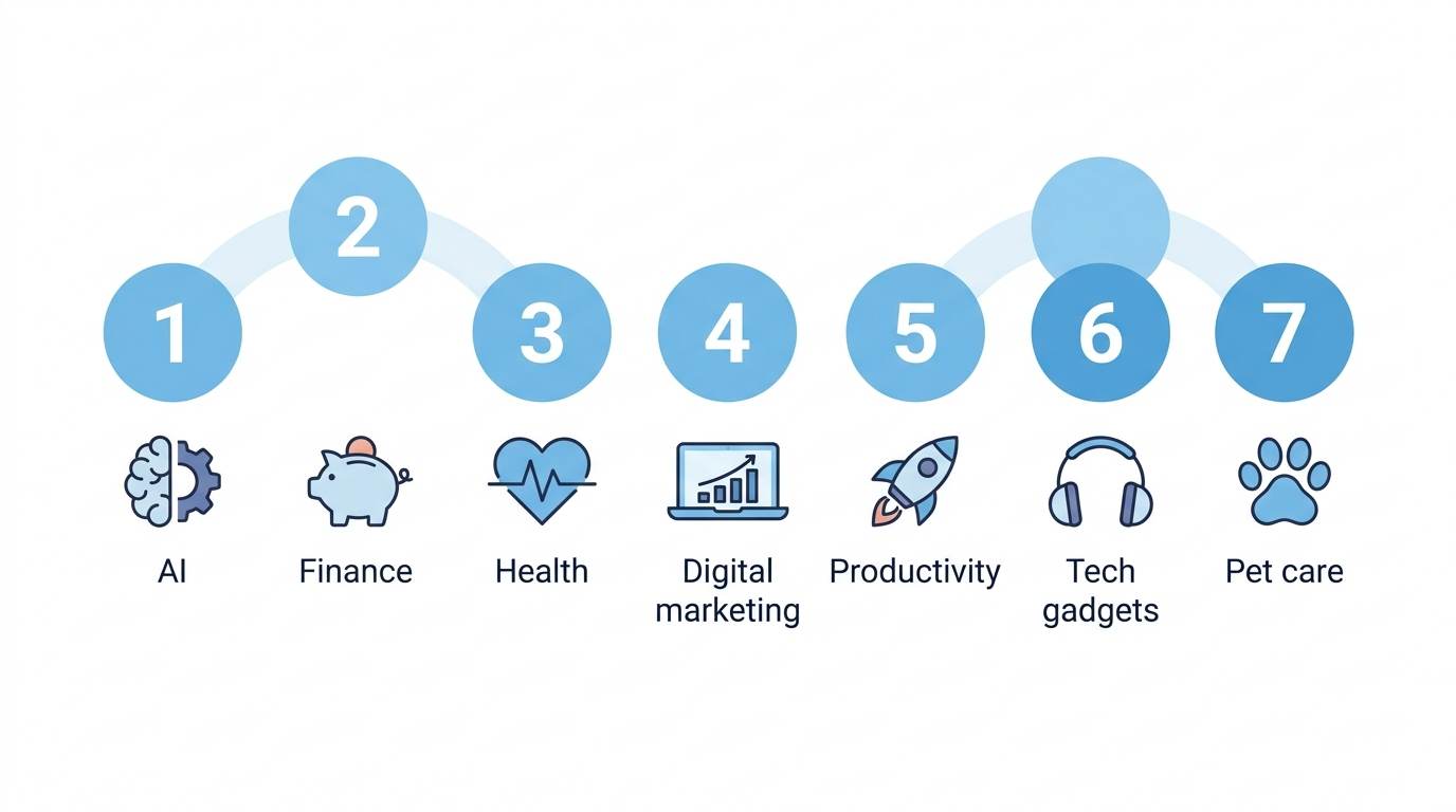 Seven flat numbered icons representing AI, finance, health, digital marketing, productivity, tech gadgets, pet care – profitable blog niches 2026