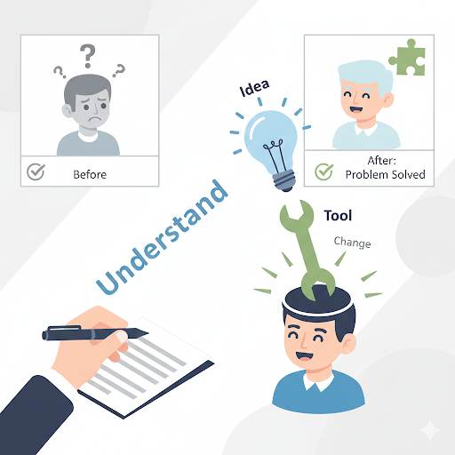 quality content writing, showing how a single, well-chosen word can transform into an idea, a tool, and finally create a meaningful impact on the reader