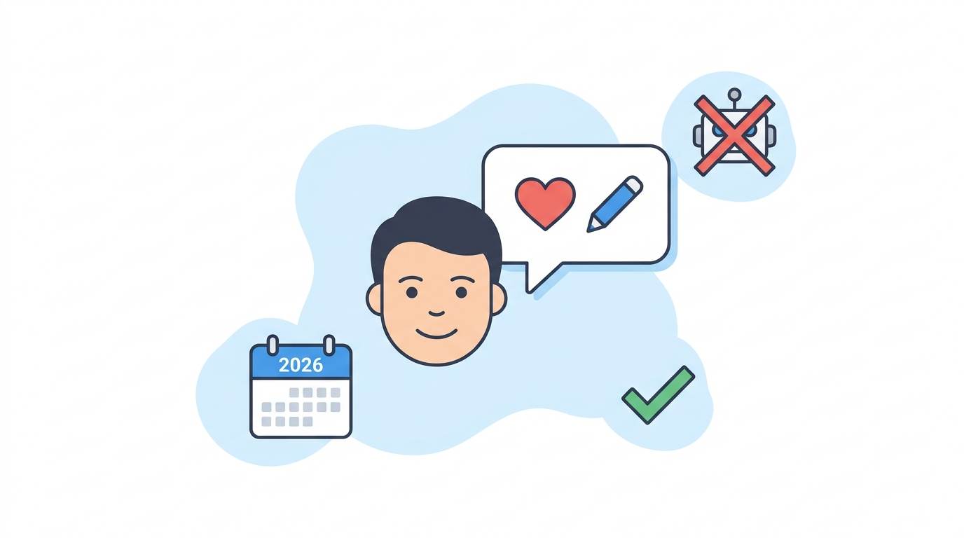 Flat design showing human face with speech bubble containing pencil and heart, plus 2026 calendar, crossed-out robot, checkmark – write like a human