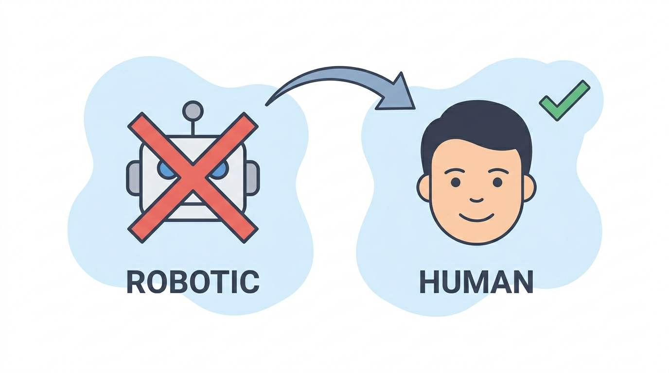 Flat comparison: robot with red X for robotic content versus human face with green check for human content – write for humans not robots