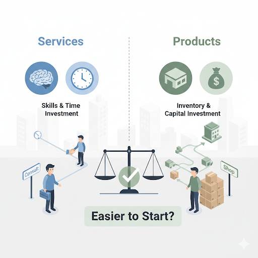 selling services vs products, highlighting skills and time vs inventory and capital to answer what's easier to start