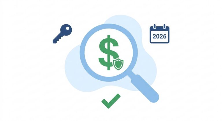 Flat design: magnifying glass over a dollar sign with shield icon and key, calendar, checkmark – SEO affiliate marketing made simple for beginners