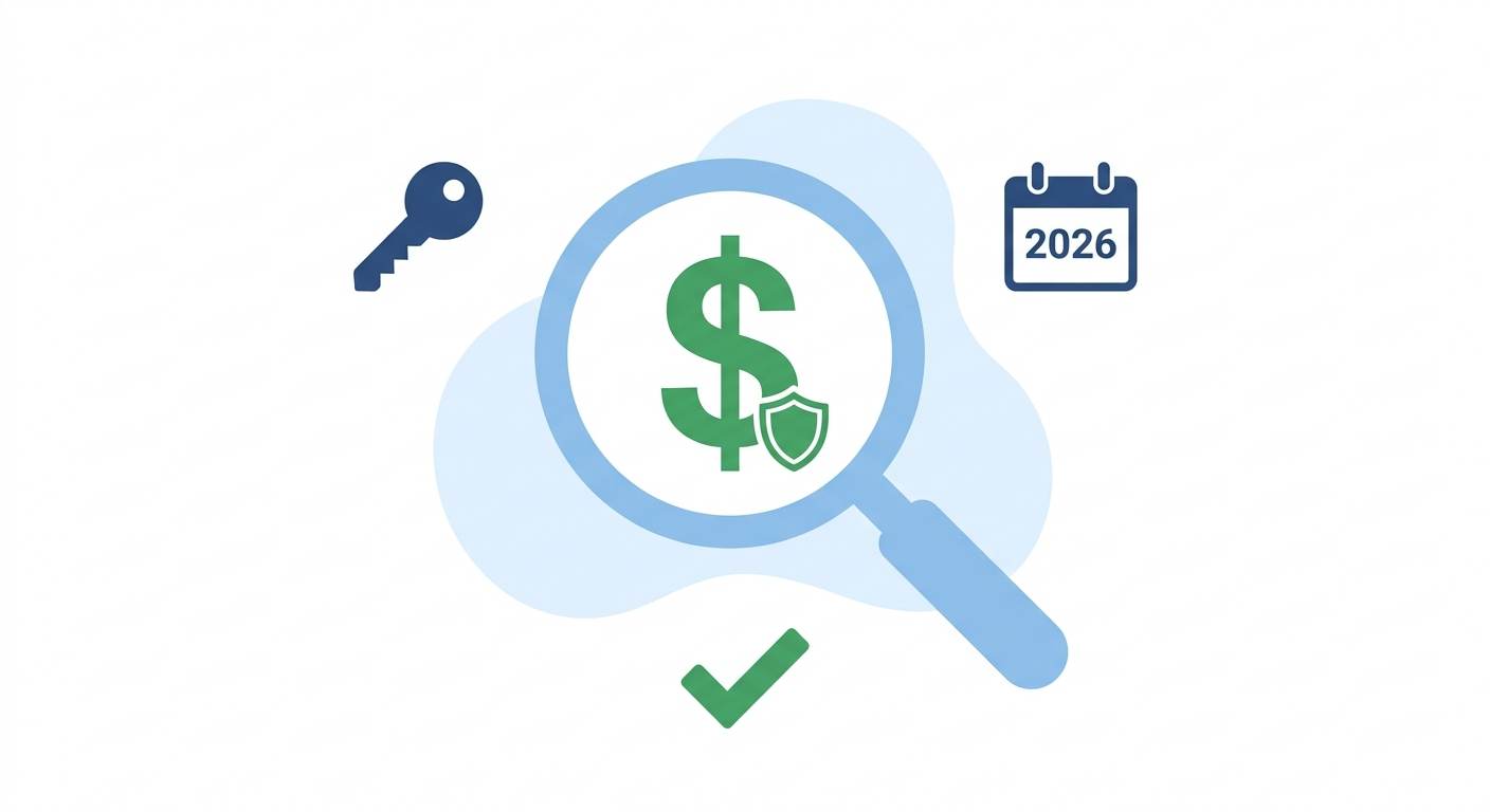 Flat design: magnifying glass over a dollar sign with shield icon and key, calendar, checkmark – SEO affiliate marketing made simple for beginners