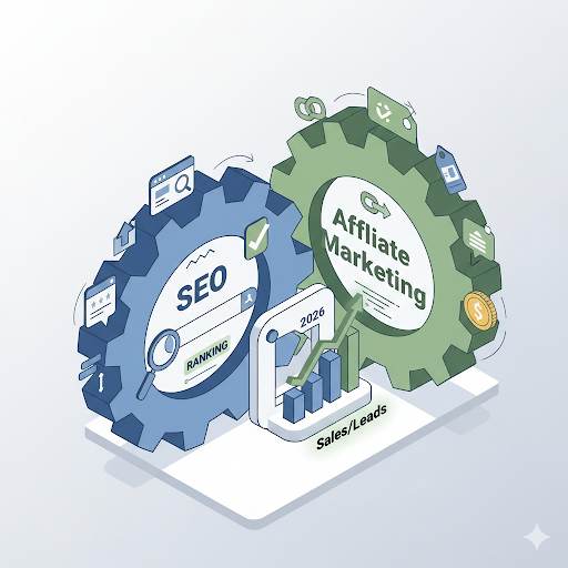 guide for beginners on SEO Affiliate Marketing in 2026, showing interlocking SEO and affiliate gears powering real sales growth