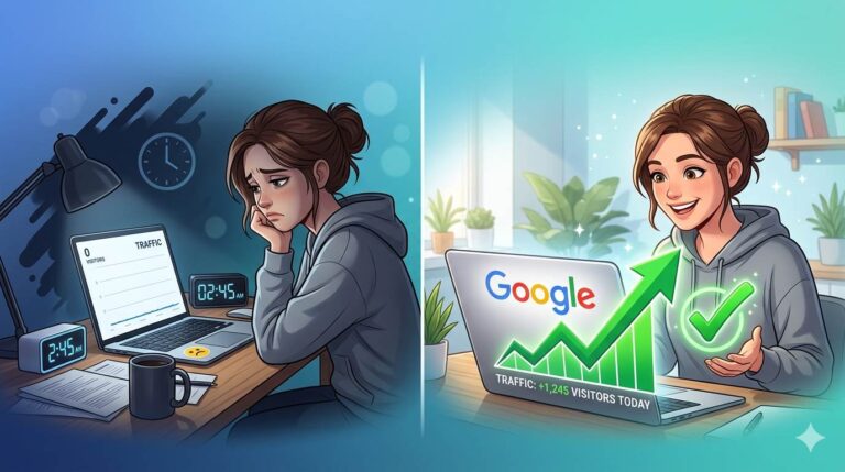 Frustrated person sitting at laptop with clock and "0 traffic" sign, switching to happy person with Google logo and up arrow – stop wasting time on invisible content