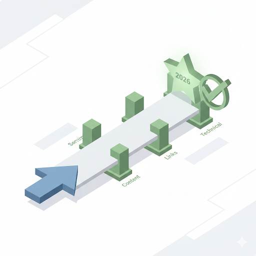 a simple and proven strategy for SEO success in 2026, showing a direct path supported by core pillars leading to a clear goal