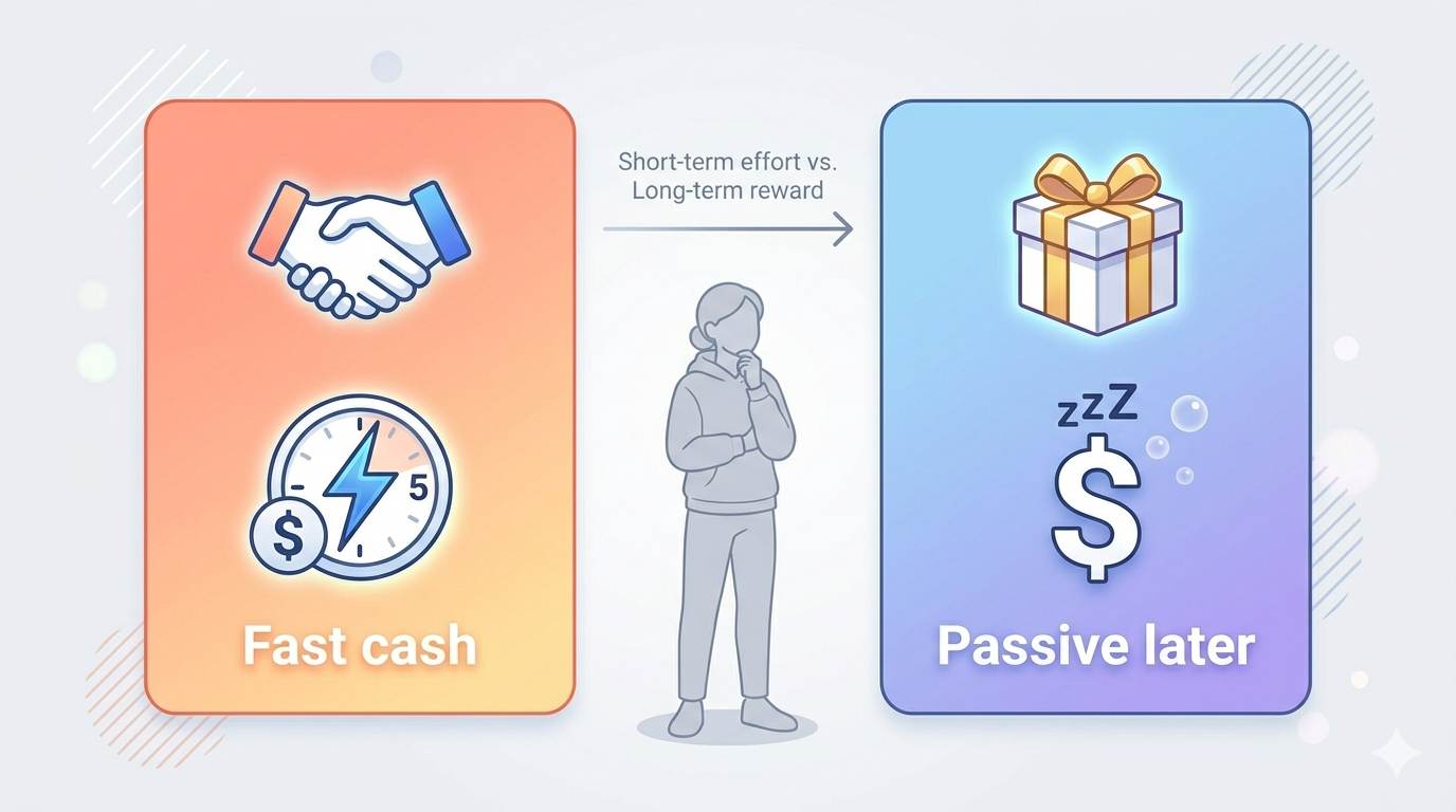 Comparison of services (fast cash) vs products (passive later) – showing speed difference.