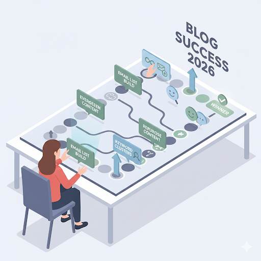 smart blogging strategies for beginners that actually work in 2026, shown as strategic moves in a board game leading to guaranteed growth