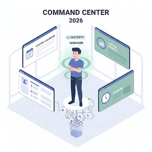 social media mastery in 2026, showing focused control of essential tools like a content calendar and analytics in a clean command center