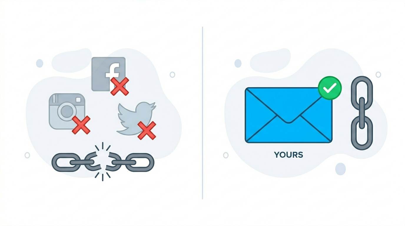 Flat comparison: social media with red X and broken chain vs email with green check and solid chain – email gives you control