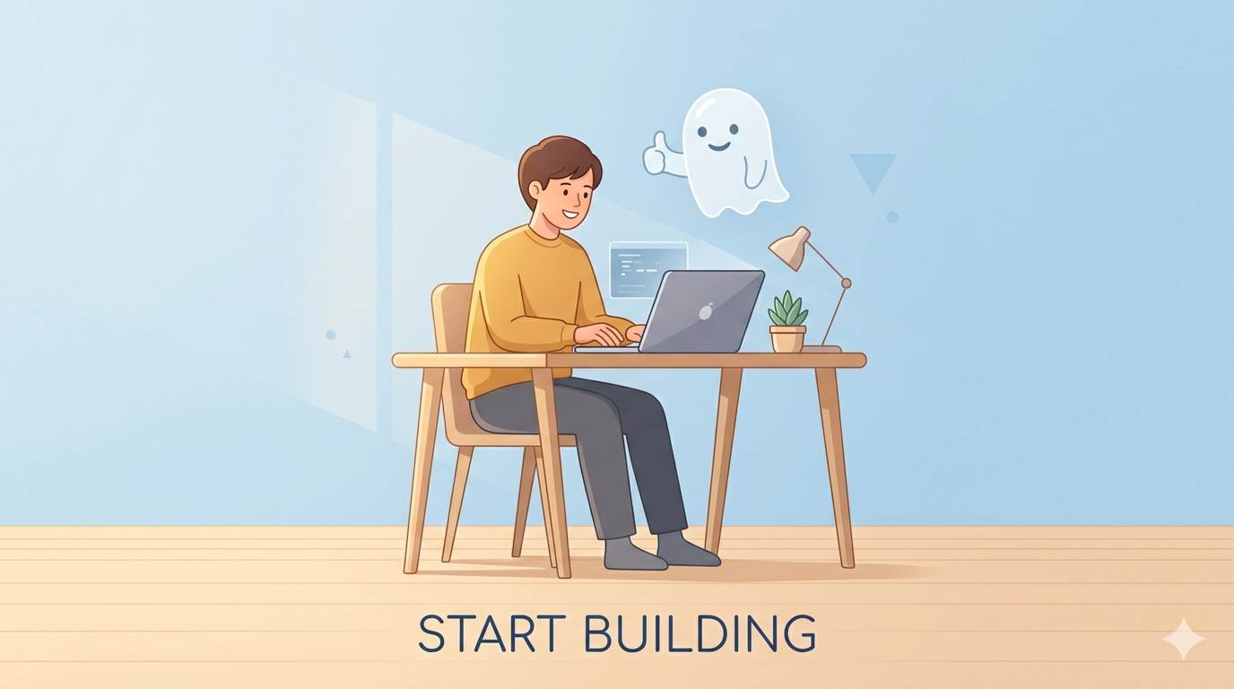 Person typing on laptop with ghost giving thumbs up – encouraging to start building affiliate niche.