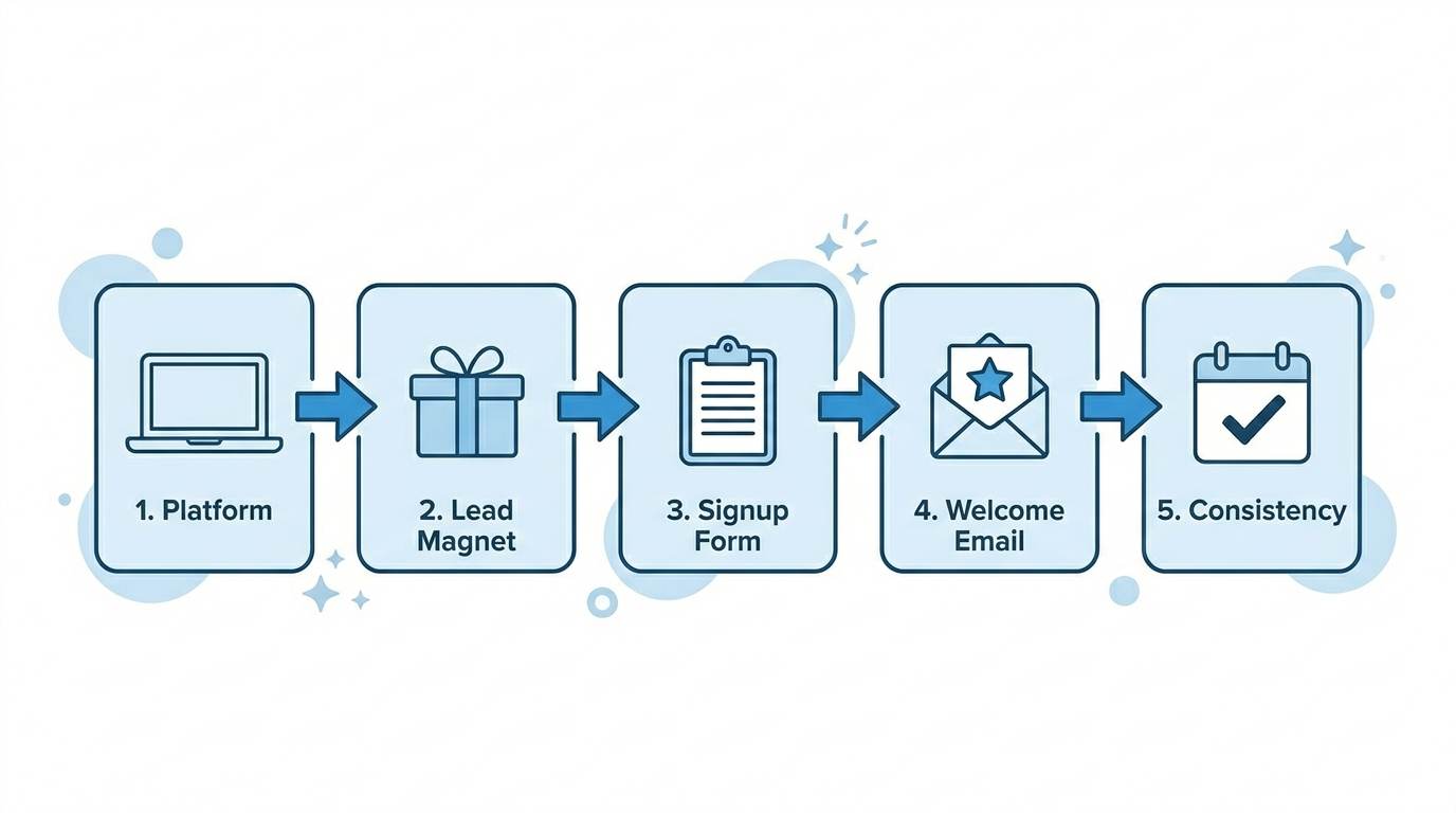 Five flat connected steps: platform, lead magnet, signup form, welcome email, consistency – how to start email marketing today