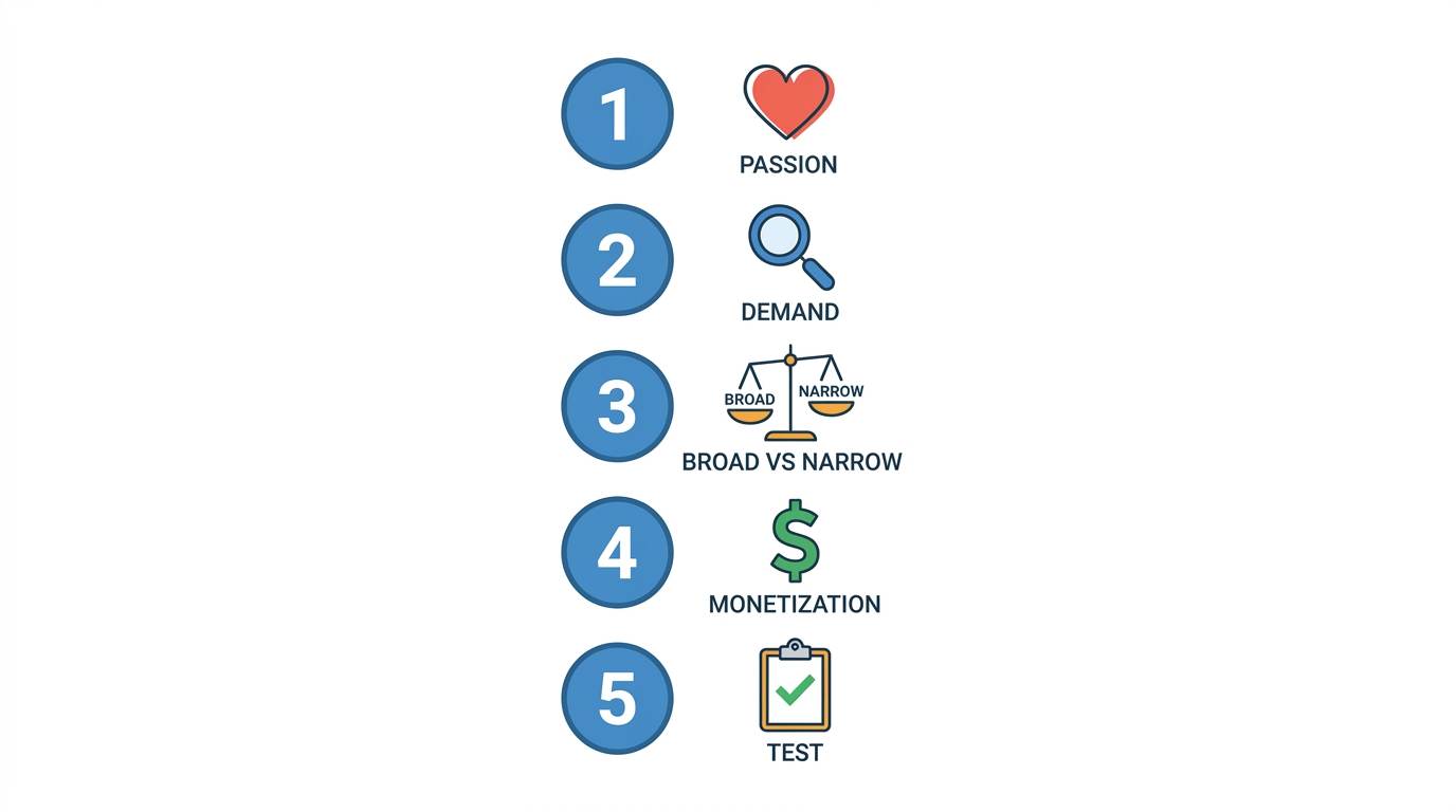 Flat checklist with 5 numbered blue circles and icons: passion, demand, competition, monetization, test – blog niche framework