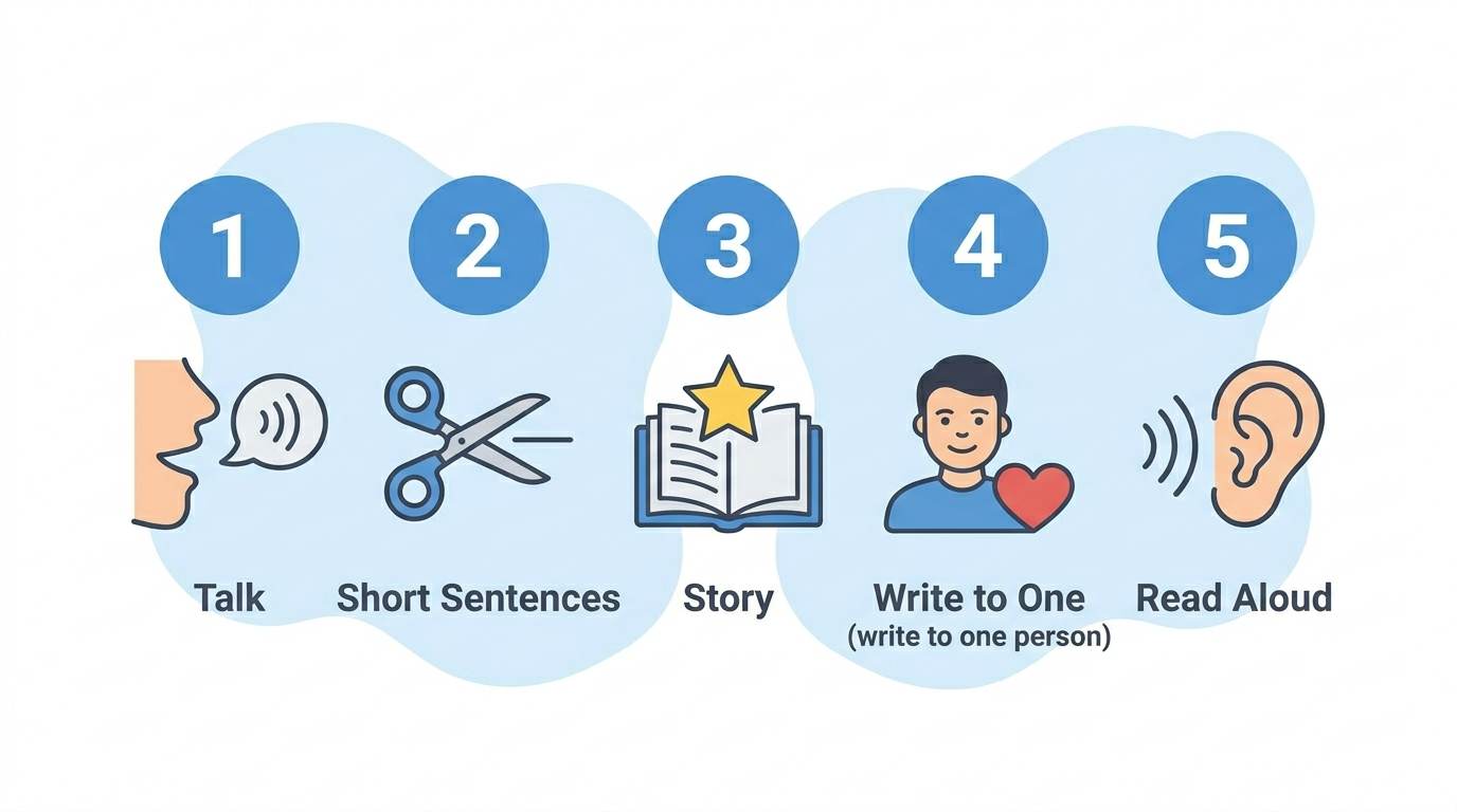 Five flat numbered steps with icons: talk, short sentences, story, write to one person, read aloud – human writing formula