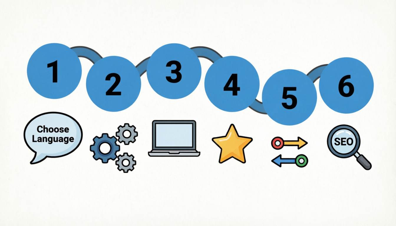Six flat numbered steps with icons: choose language, translation method, platform, core pages, language switcher, SEO – multilingual roadmap