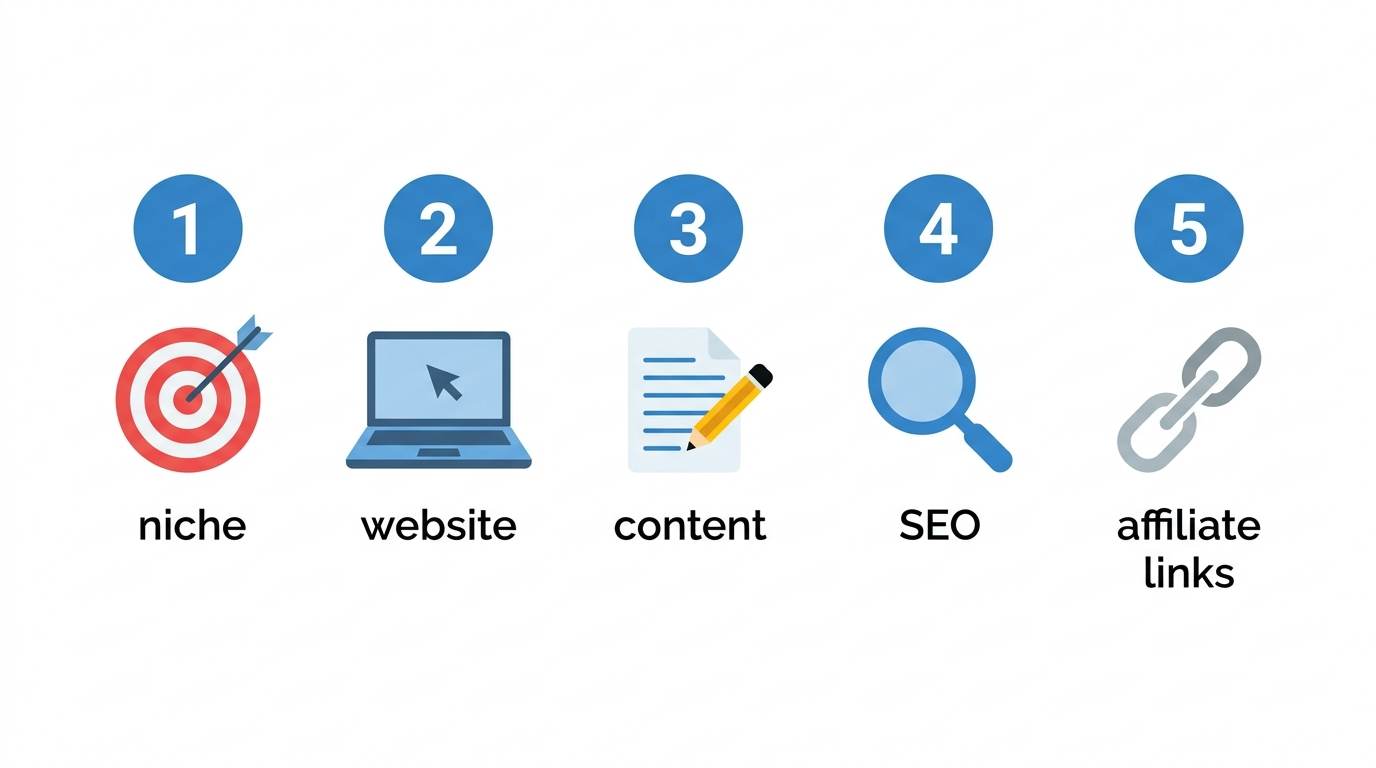 Flat design with 5 numbered blue circles and icons: target for niche, laptop for website, pencil for content, magnifying glass for SEO, chain for affiliate links