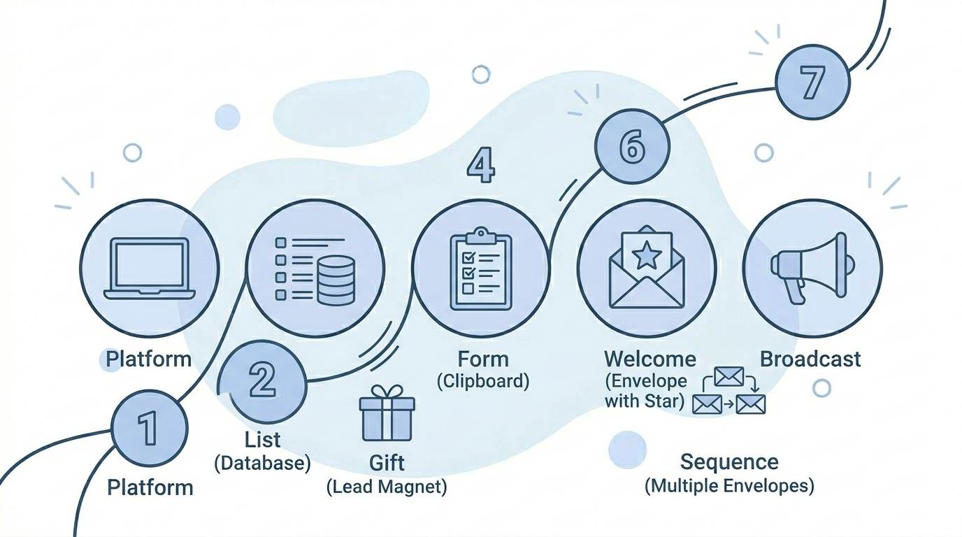 Seven flat numbered steps with icons: platform, list, lead magnet, signup form, welcome email, sequence, broadcast β email marketing for beginners