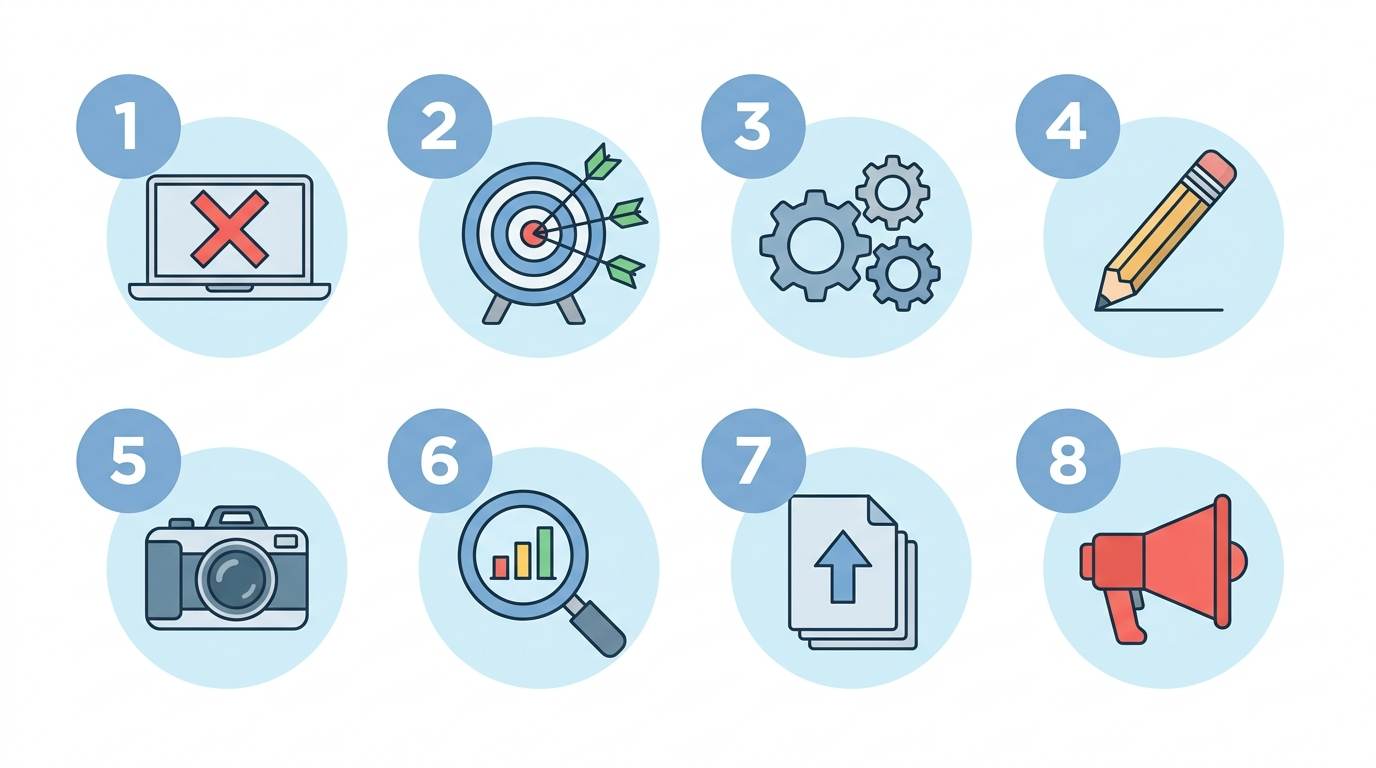Eight flat numbered steps with icons: platform, niche, setup, write, images, SEO, publish, promote – phone blogging workflow
