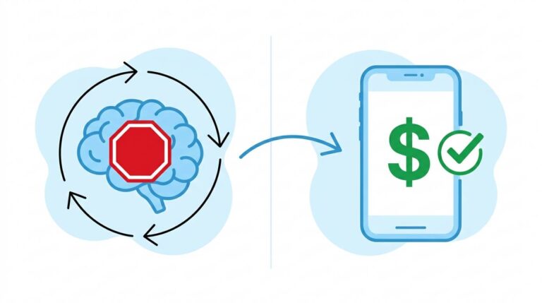 Flat design showing stop overthinking brain turning into smartphone with dollar sign – start affiliate marketing today