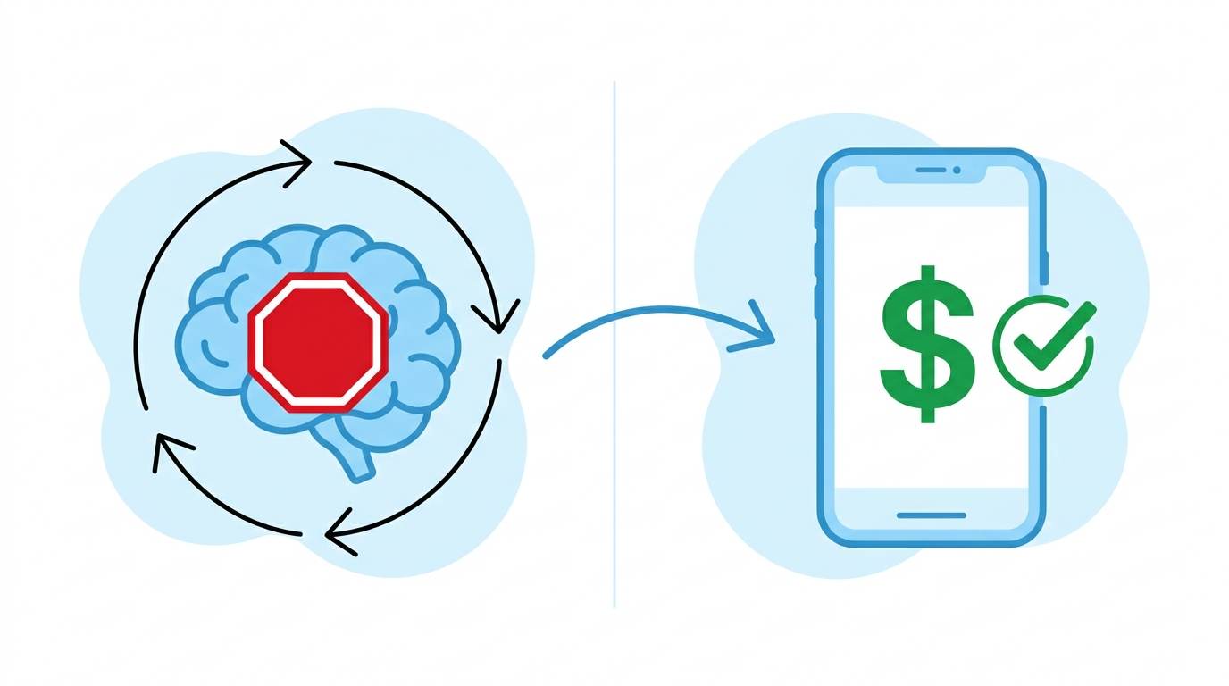 Flat design showing stop overthinking brain turning into smartphone with dollar sign – start affiliate marketing today