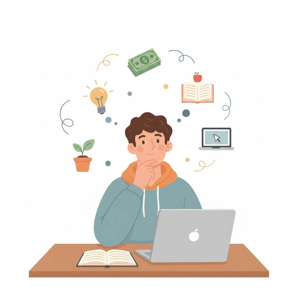 Student writing blog post ideas about life, money, and studies