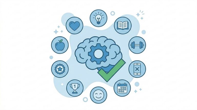 brain with gear and checkmark, surrounded by 9 habit icons – successful habits in 2026