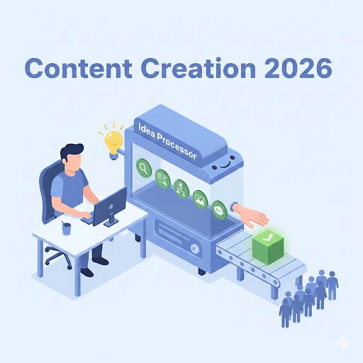 guide flat illustration for creating content in 2026, showing an idea being processed through simple, clear steps into polished content for an audience