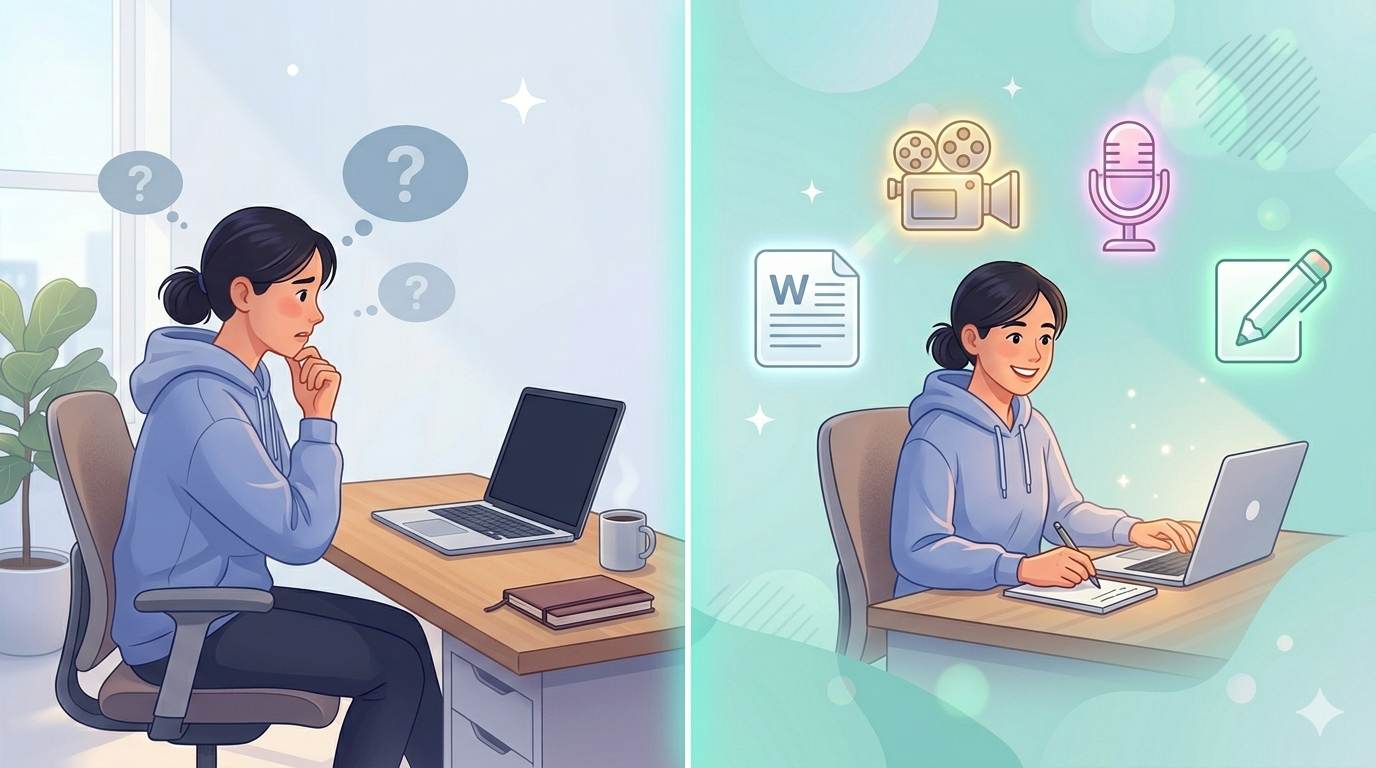 Confused beginner looking at blank screen vs happy creator with content icons – illustrating tips for creating content.